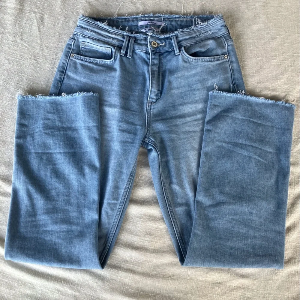 Sam Edelman Blue stiletto crop boot hi rise fringe jeans fade